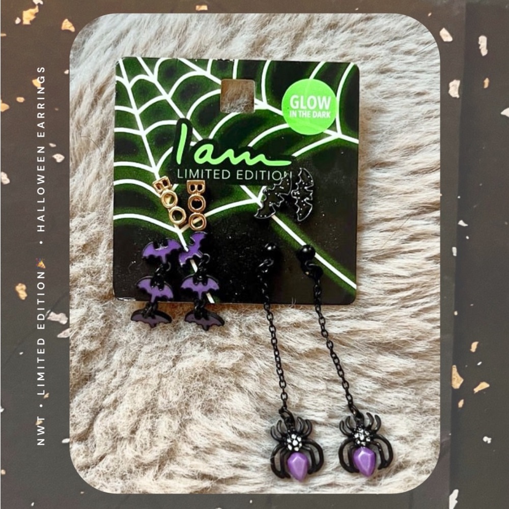 🎉 Set of 4 Glow in Dark Halloween spider, bat, BOO stud & dangling earrings